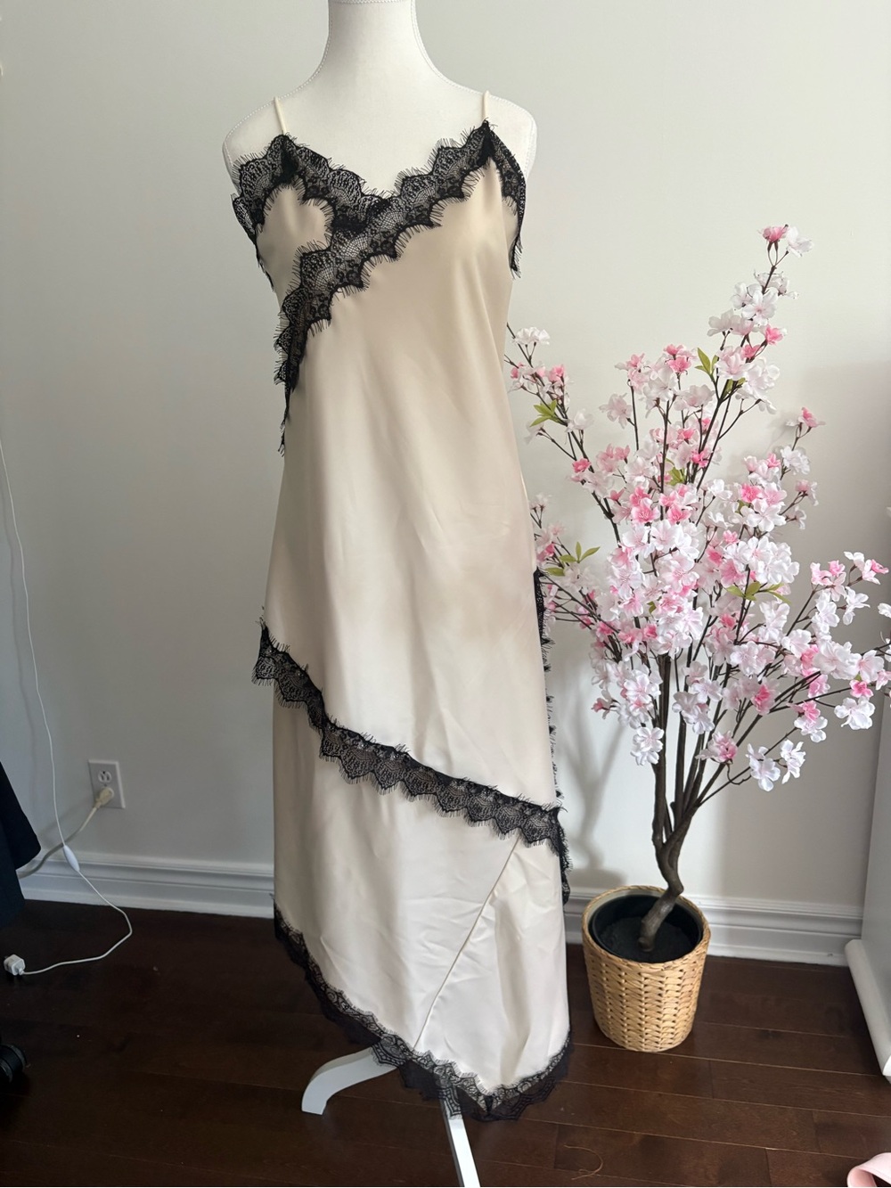 Asymmetrical Beige Slip Dress with Black Lace Trim